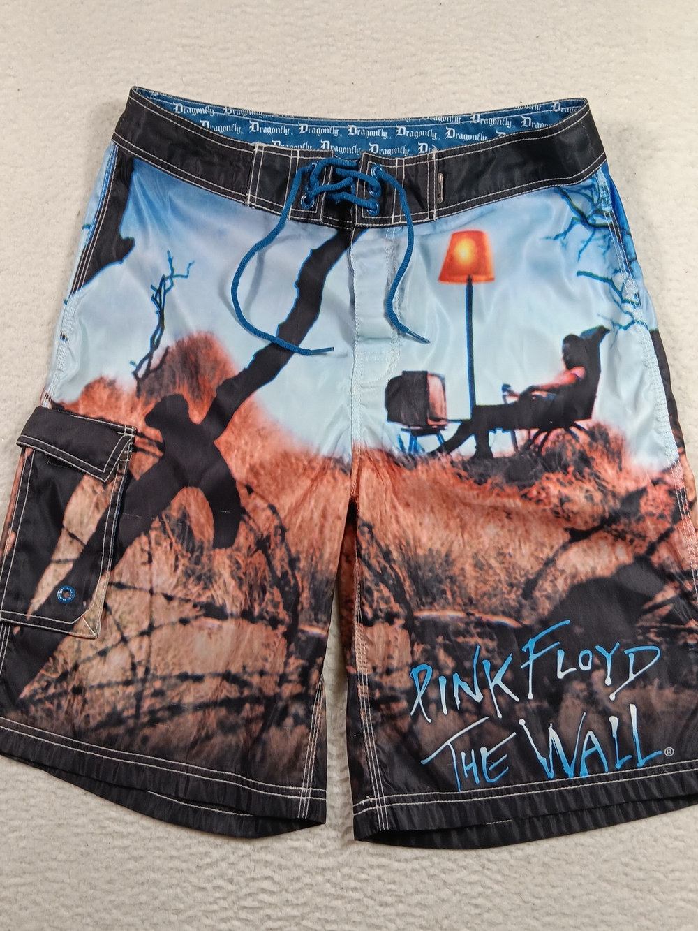 Dragonfly Board Shorts Mens 32 10" Inseam Pink Floyd The Wall AOP Swim Beach Y2K